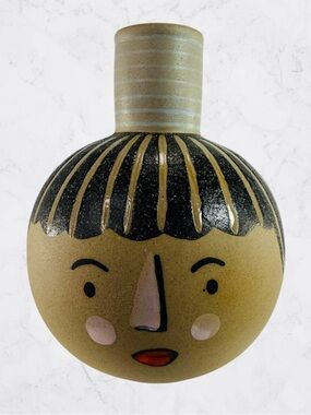 Etta Round Ceramic Scandinavian Folk Art Planter Vase Hand Painted Beige Black
